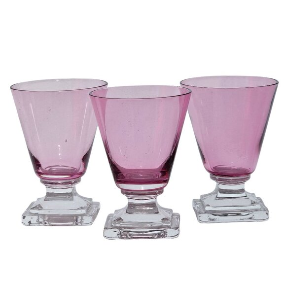 3 Retro Pink Cordial Glasses 3.25" square foot schnapps glass MCM barware - Picture 2 of 8